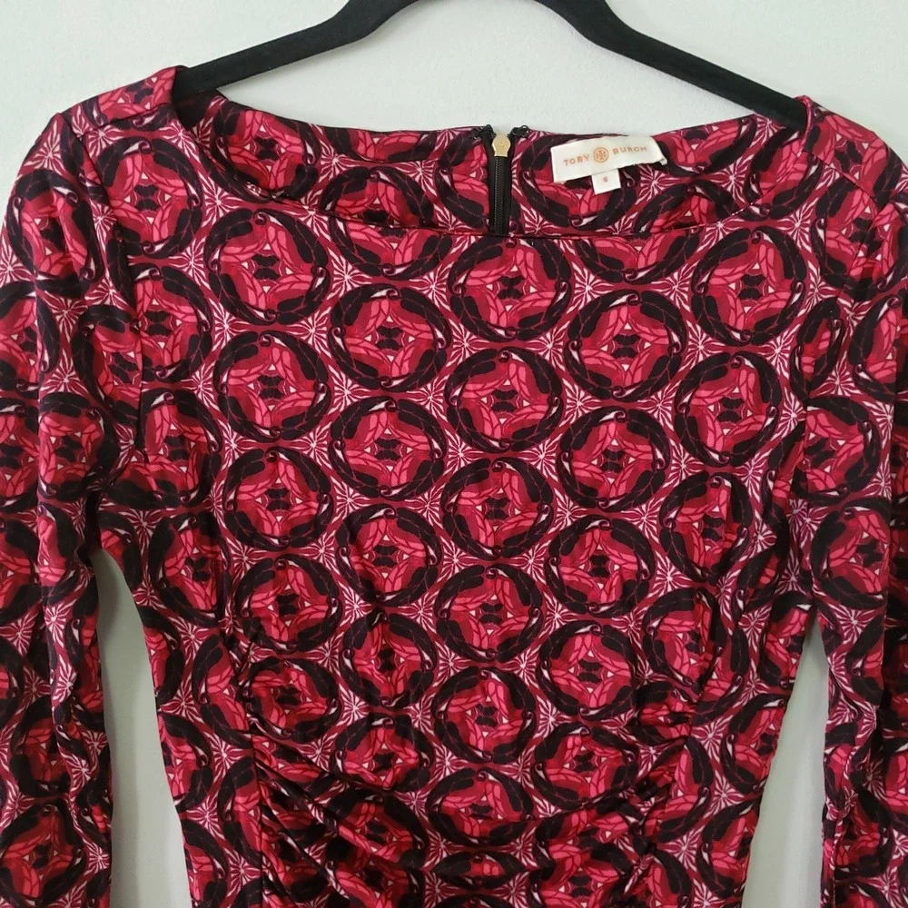 Tory‎ Burch Ruched Sheath Statement Dress SMALL Preppy Chic Career Stretch Artsy